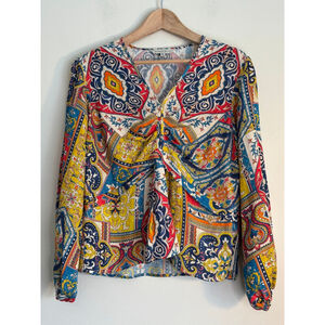 Antropologie Ranna Gill Women's XL Multicolor Paisley 100% Linen V Neck Blouse